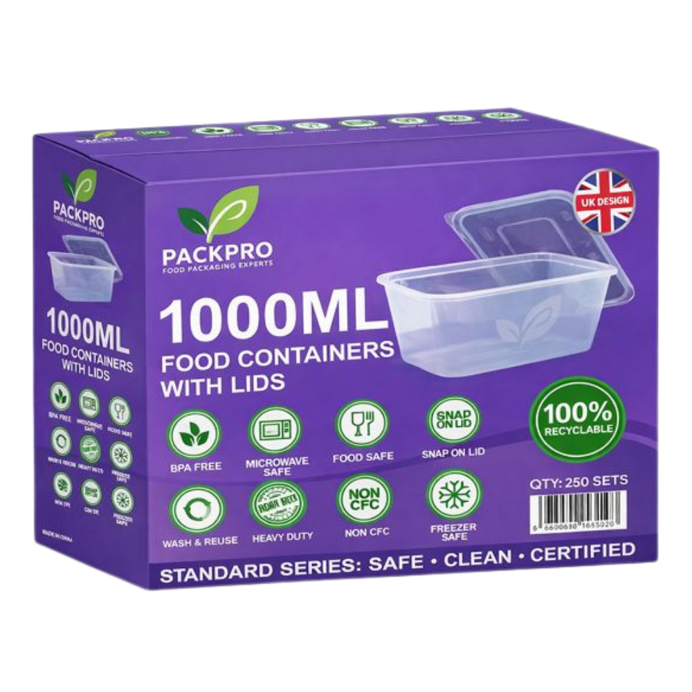 1000ml Plastic Food Containers with Lids - Pack of 250